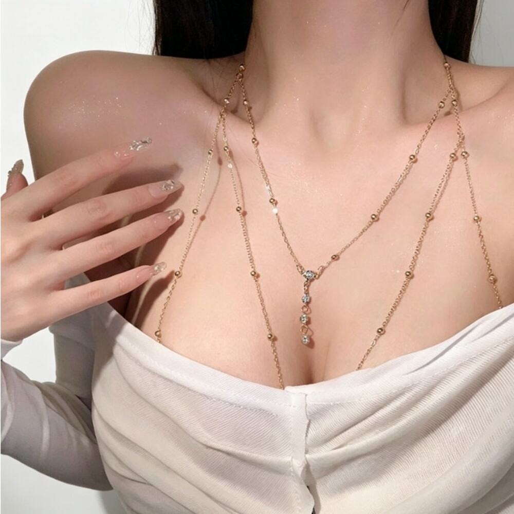 Rhinestone Beaded Layered Body Chain, Women Bikini Chest Jewelry